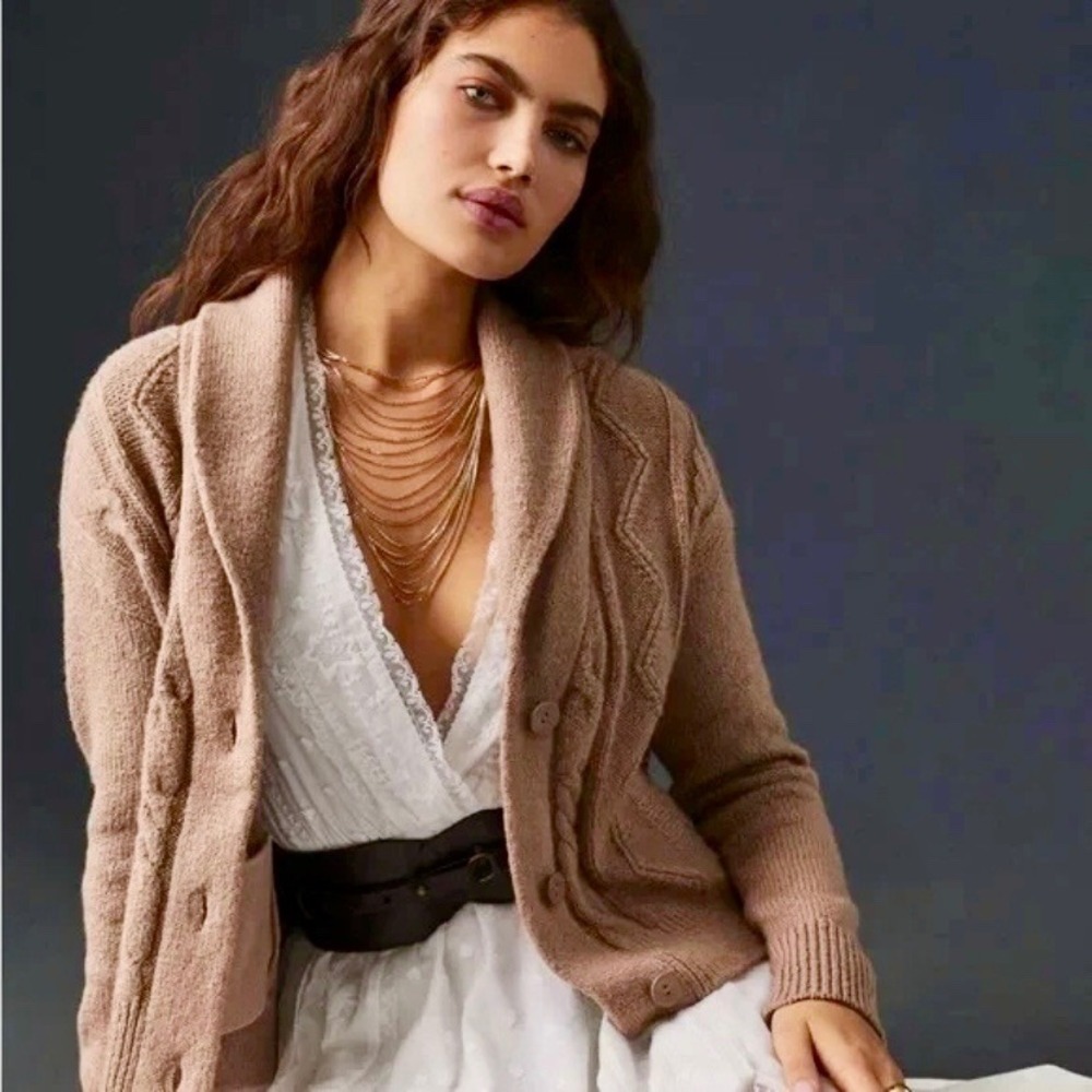 Pilcro Anthropologie Shawl Collar Cable Knit Button Cardigan Sweater Sz‎ S Beige